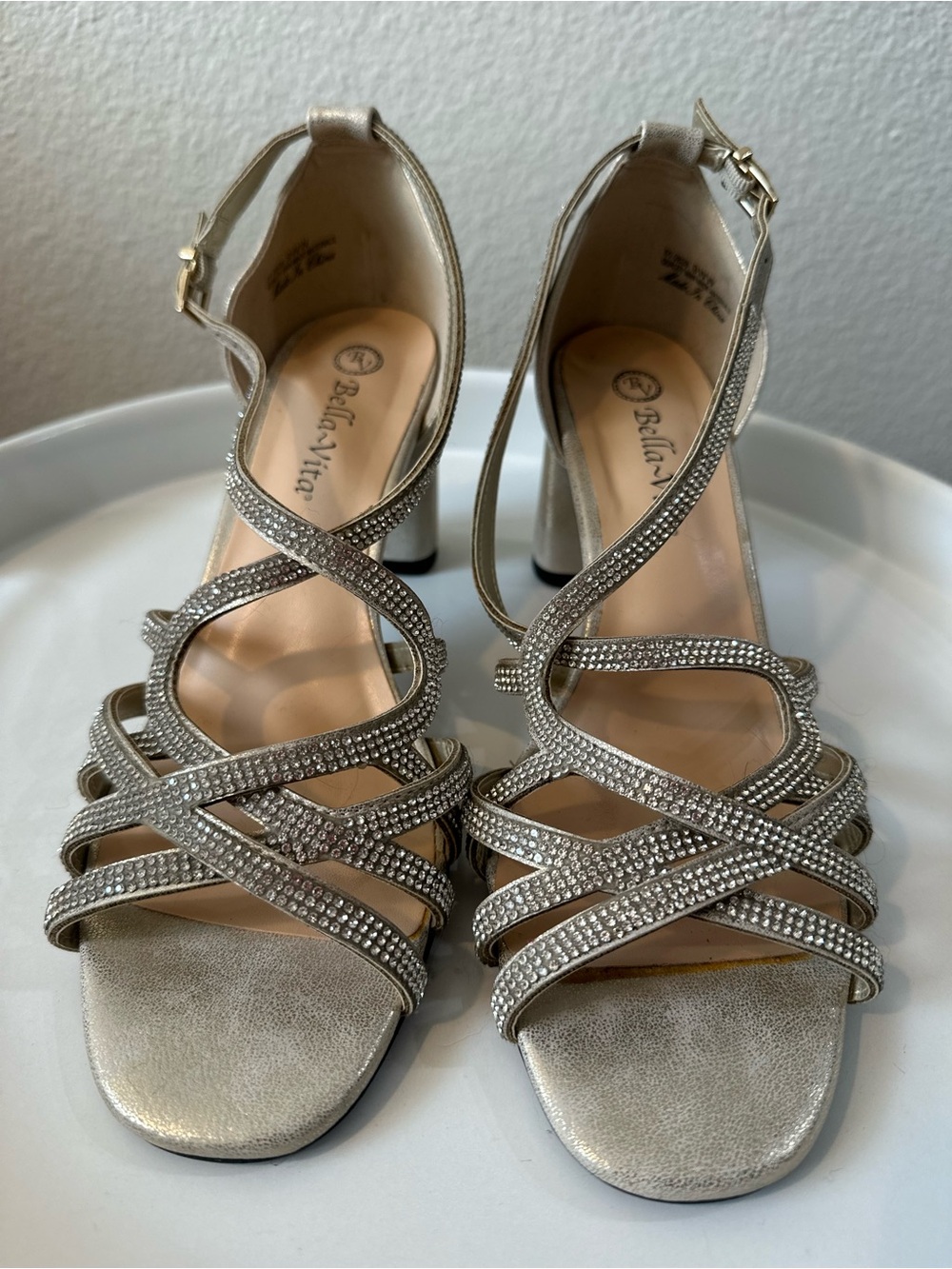 Bella Vita Metallic Gold Rhinestone Strappy Block Heel Sandals